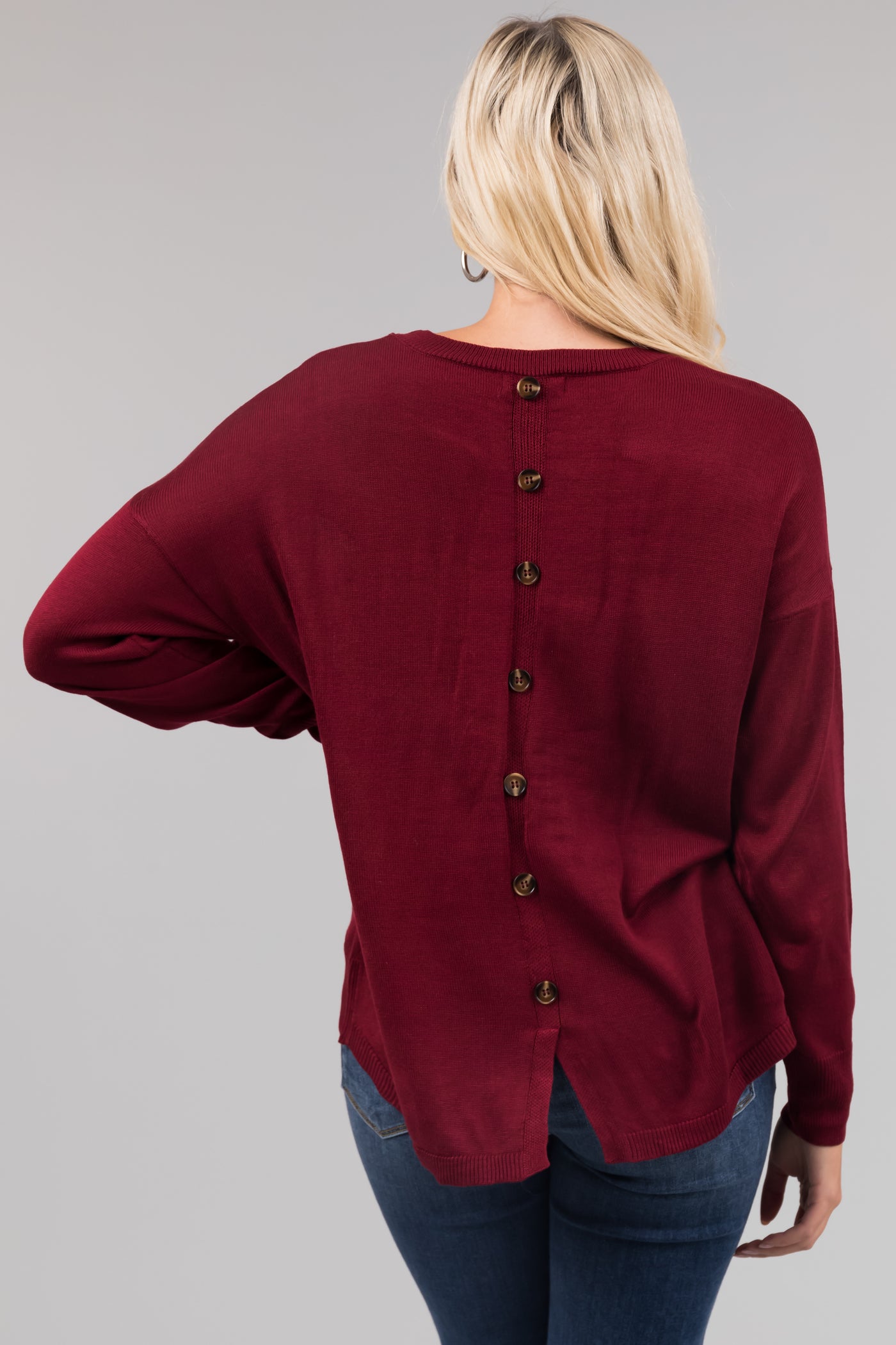 Maroon Back Button Detail Long Sleeve Top