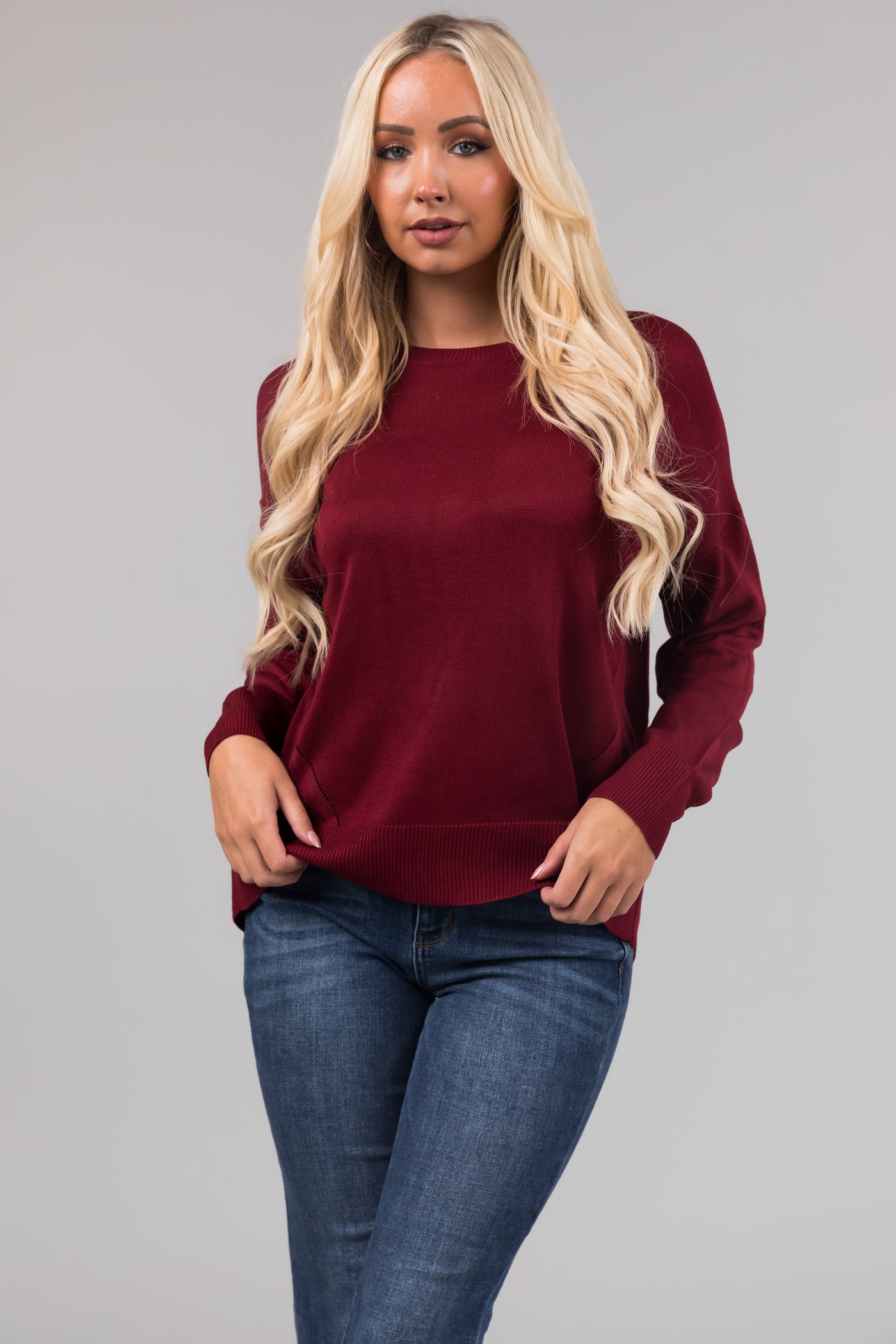 Maroon Back Button Detail Long Sleeve Top