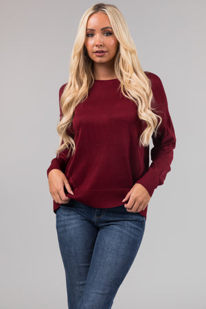 Maroon Back Button Detail Long Sleeve Top