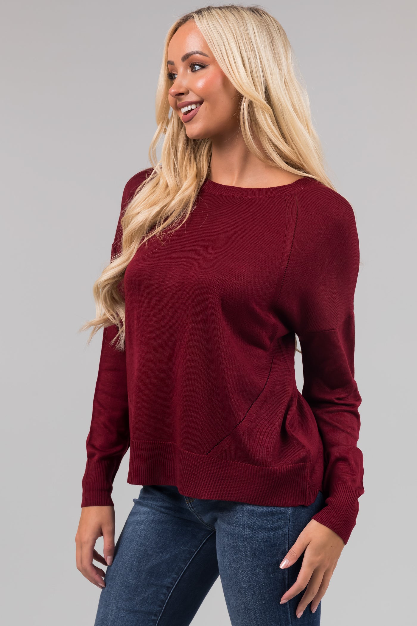 Maroon Back Button Detail Long Sleeve Top