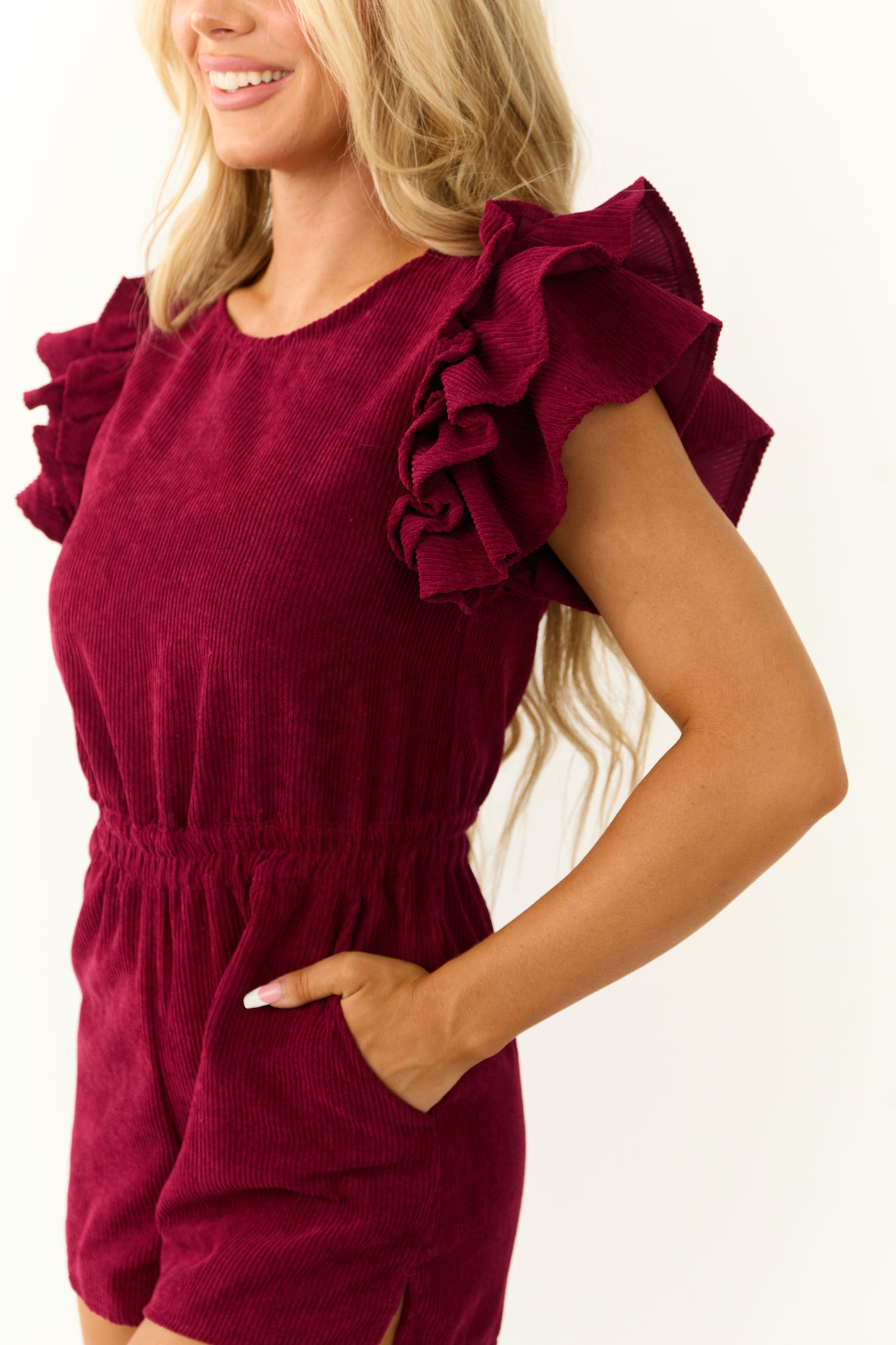 Maroon Corduroy Ruffle Sleeve Romper