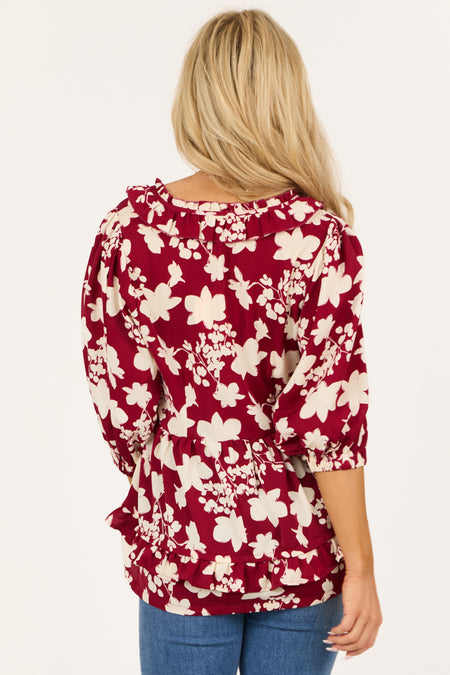 Maroon Floral Outline Ruffle 3/4 Sleeve Top