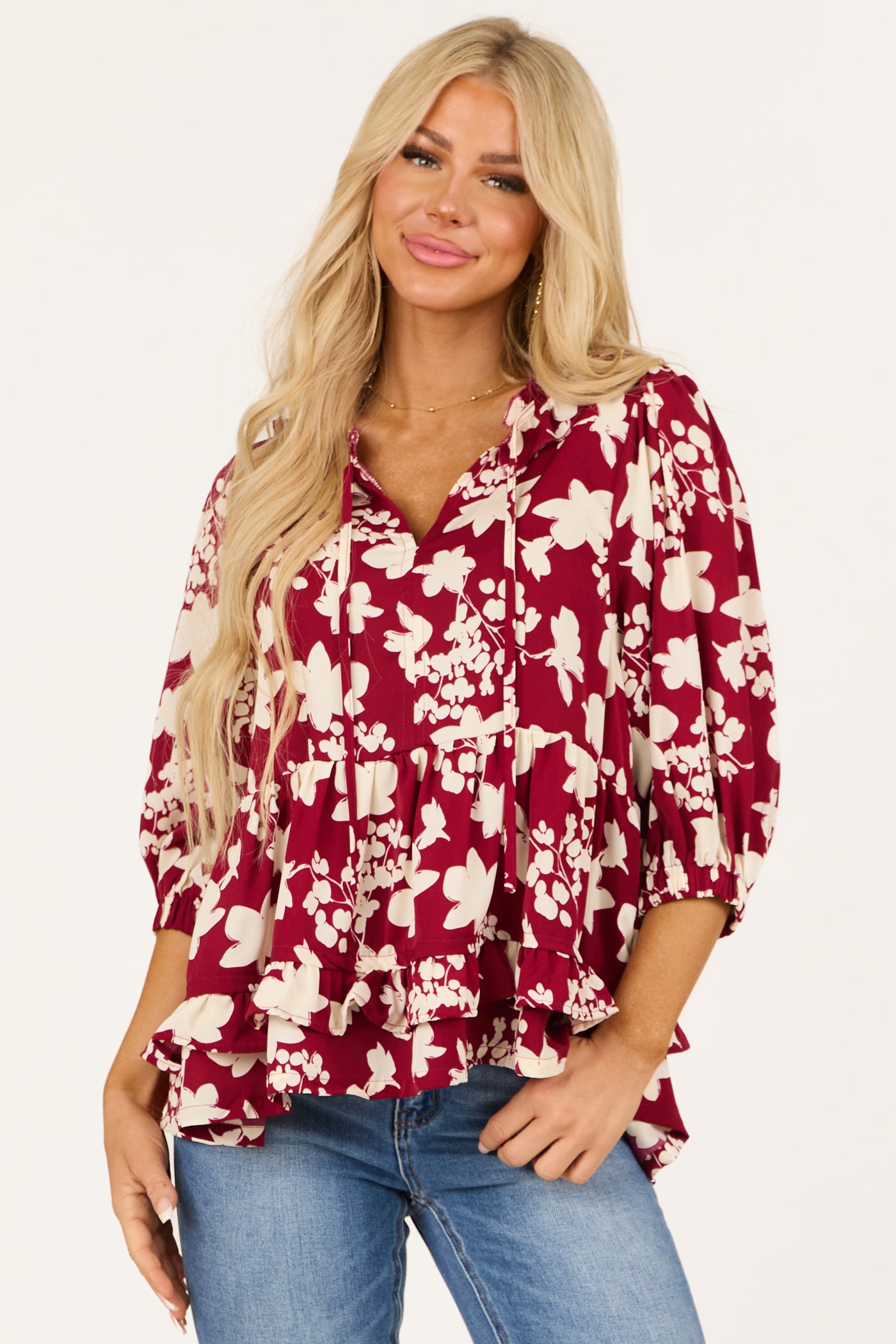 Maroon Floral Outline Ruffle 3/4 Sleeve Top