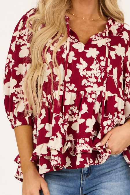 Maroon Floral Outline Ruffle 3/4 Sleeve Top