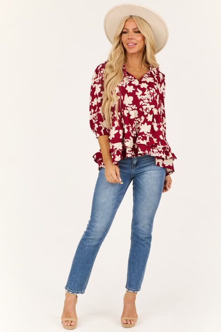 Maroon Floral Outline Ruffle 3/4 Sleeve Top