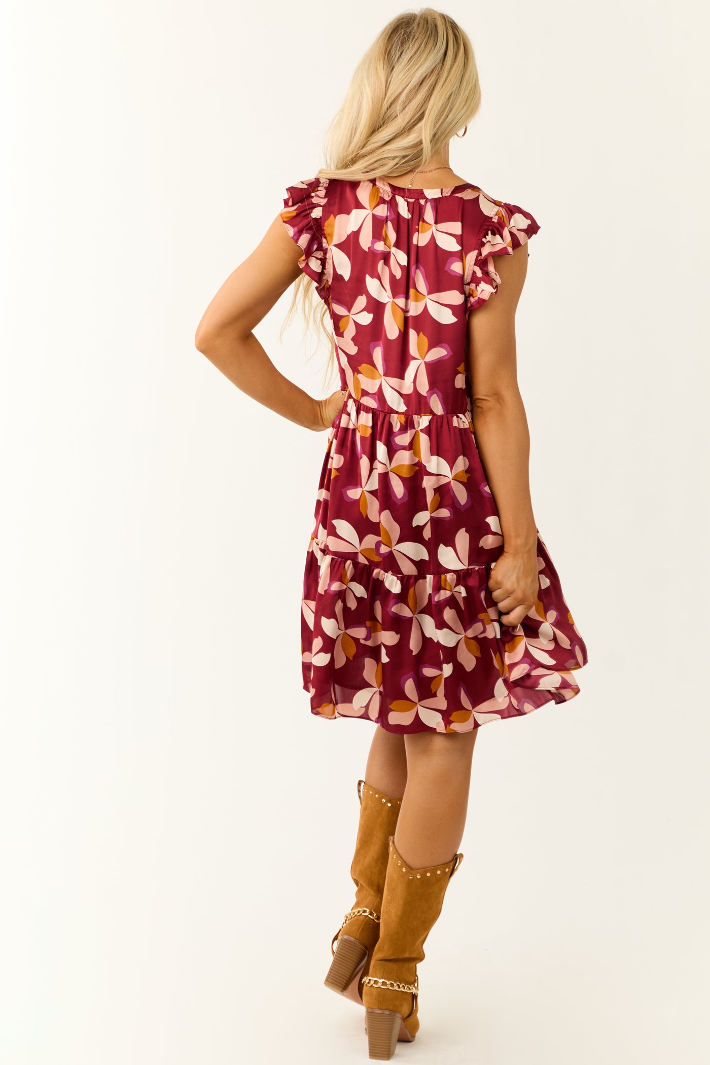 Maroon Floral Print Tiered Short Dress