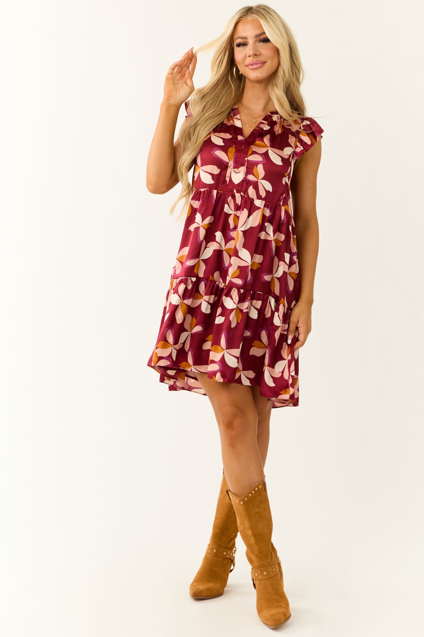 Maroon Floral Print Tiered Short Dress