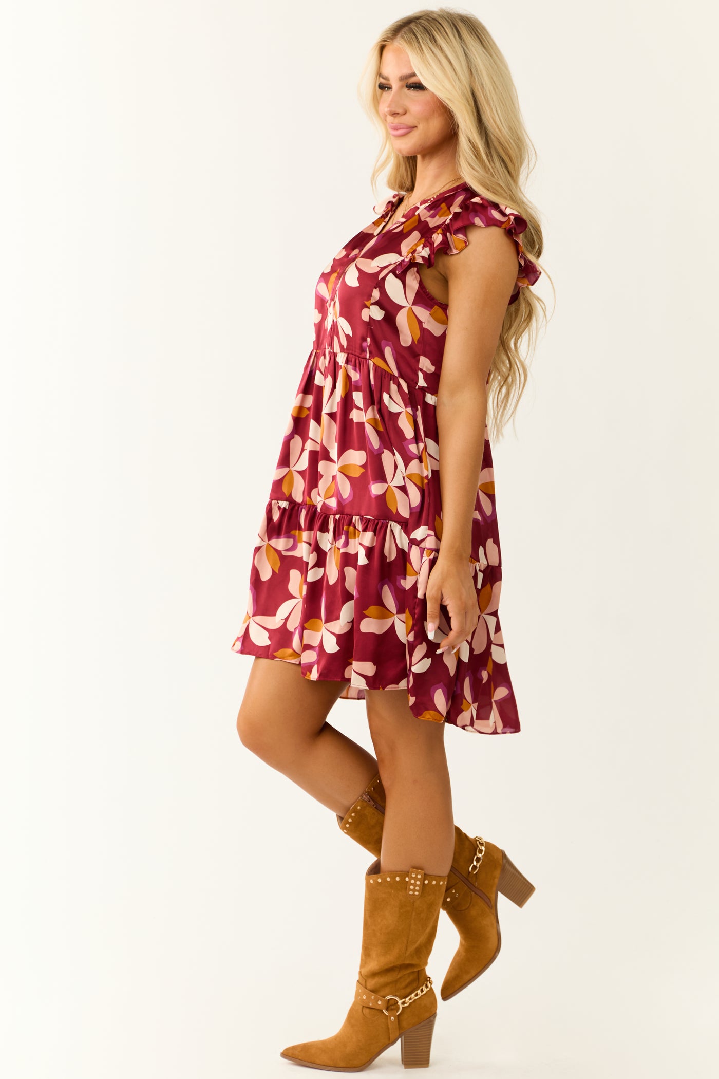 Maroon Floral Print Tiered Short Dress