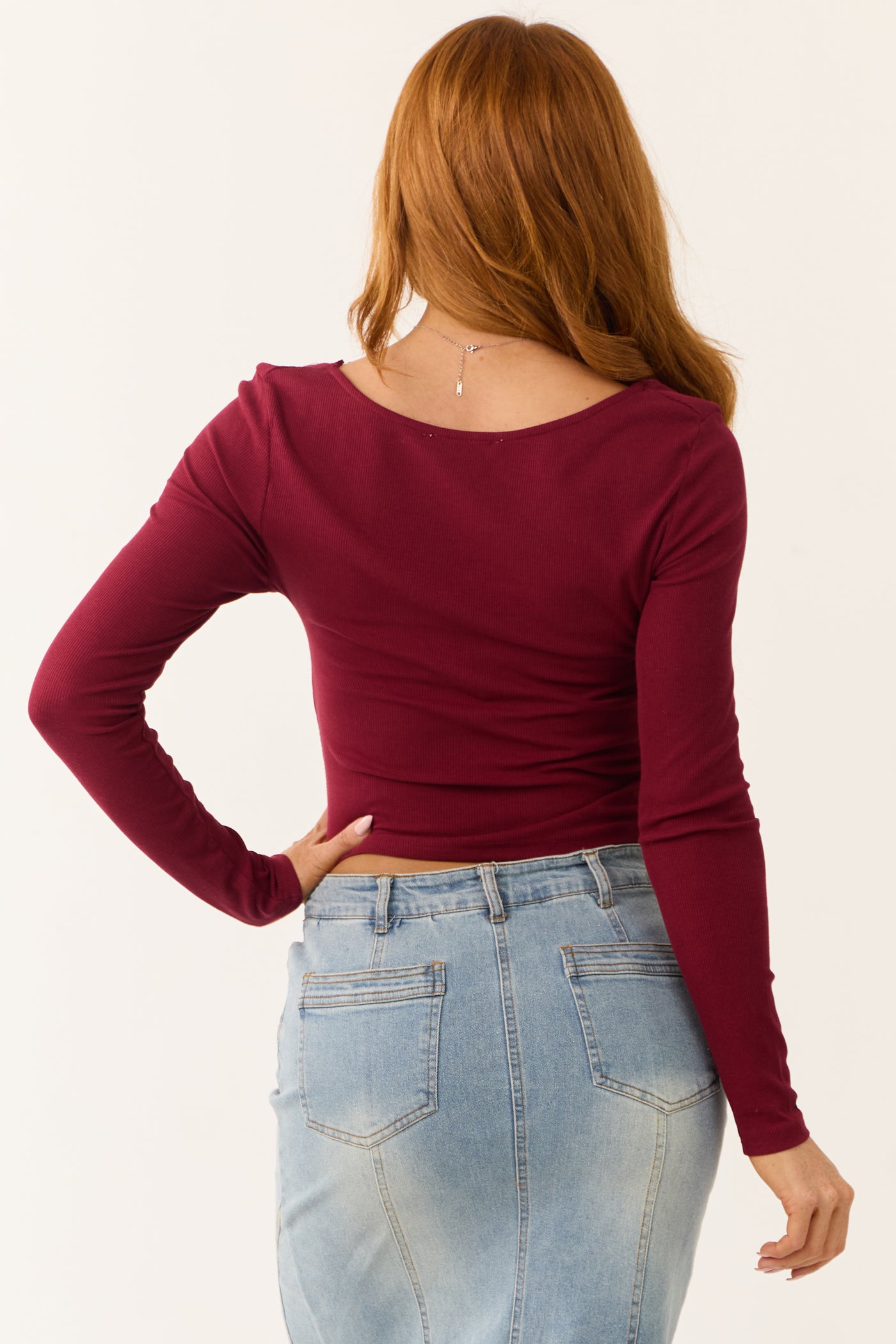 Maroon Front Tie Detail Ruched Long Sleeve Top