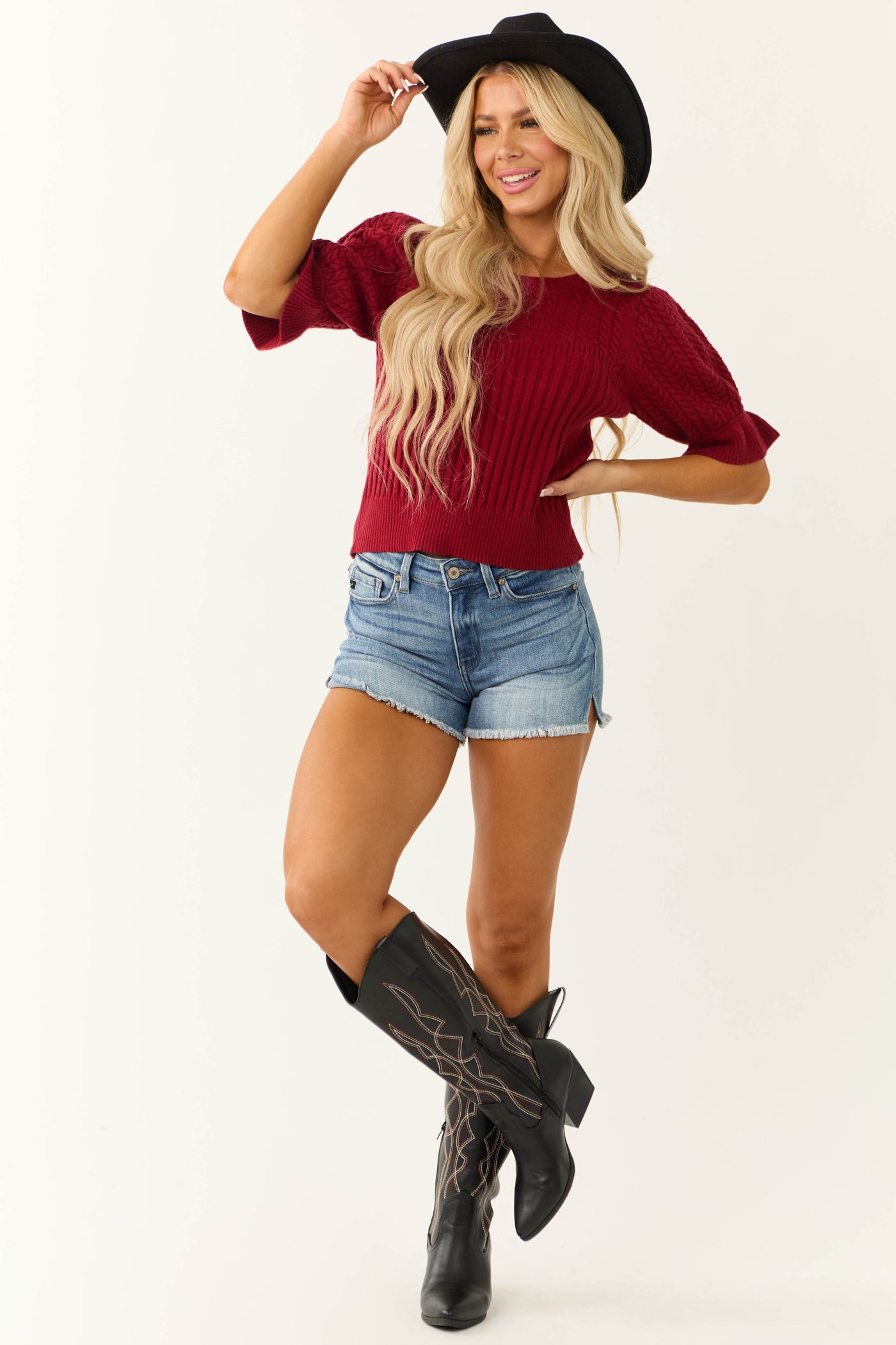 Maroon Half Puff Sleeve Knit Sweater