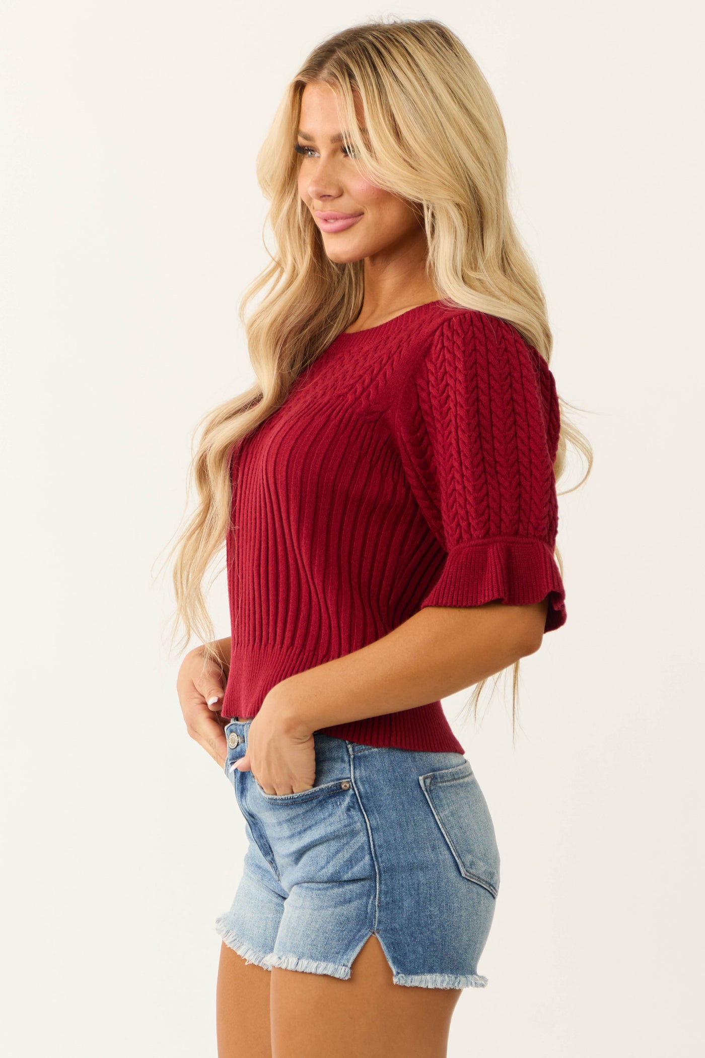 Maroon Half Puff Sleeve Knit Sweater