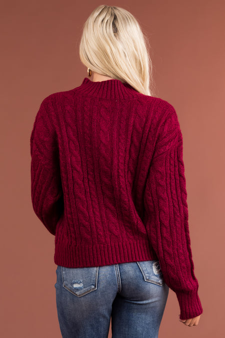 Maroon High Neck Cable Knit Sweater