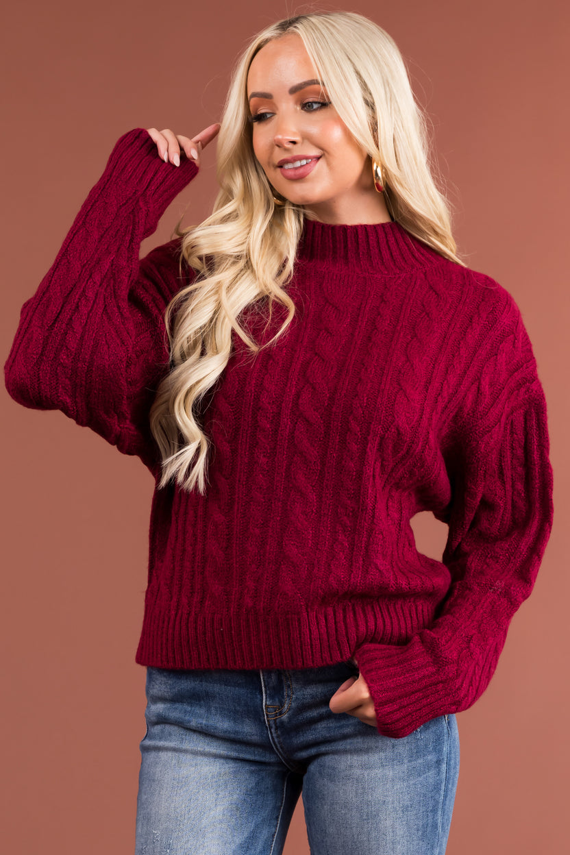 Maroon High Neck Cable Knit Sweater