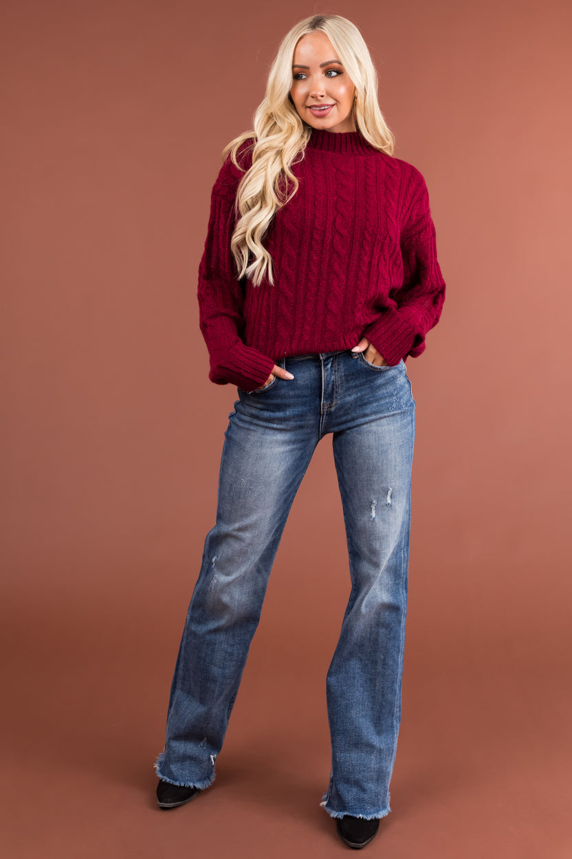 Maroon High Neck Cable Knit Sweater