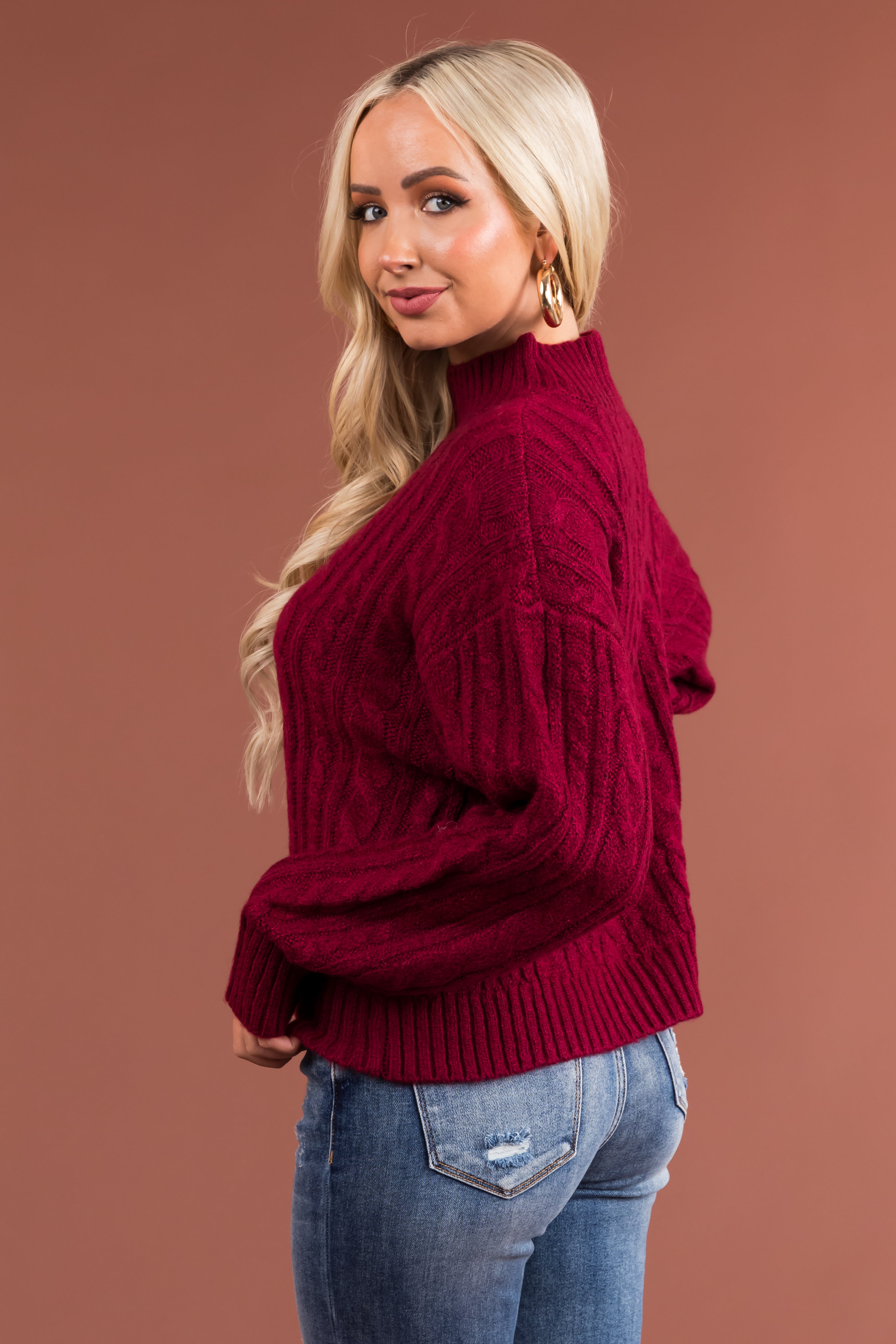 Maroon High Neck Cable Knit Sweater