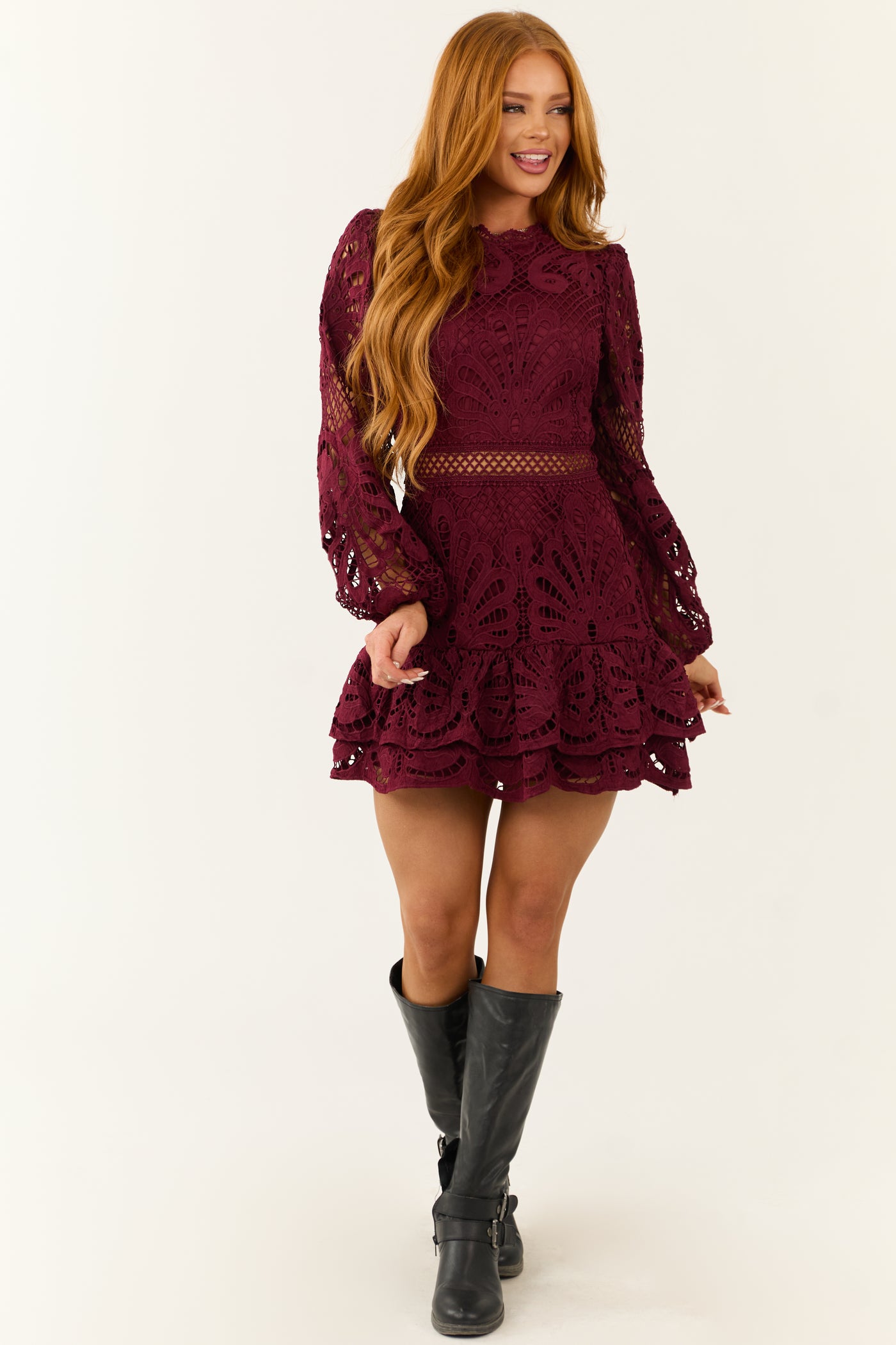 Maroon Lace Long Sleeve Short Dress