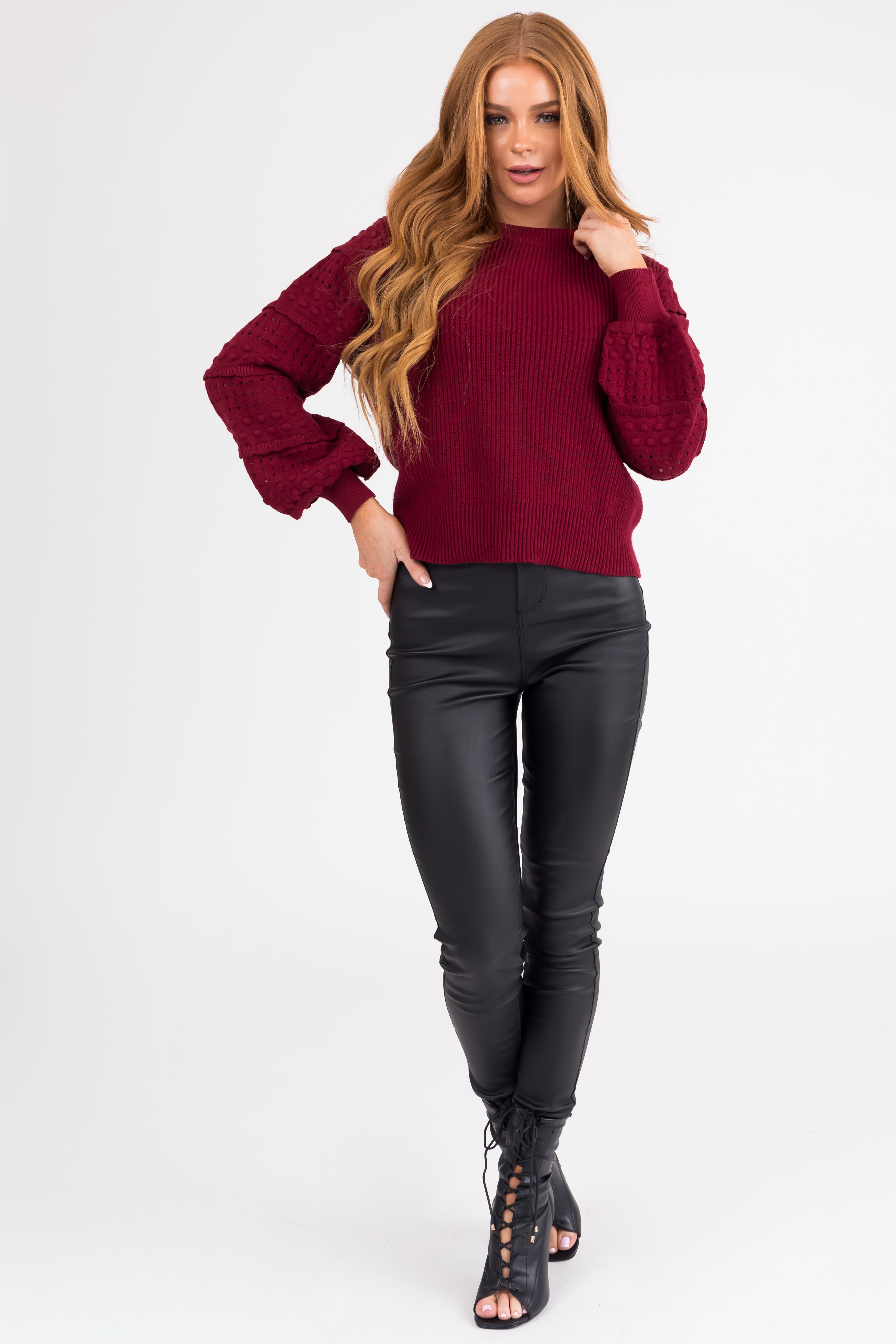 Maroon Long Sleeve Pointelle Detail Sweater