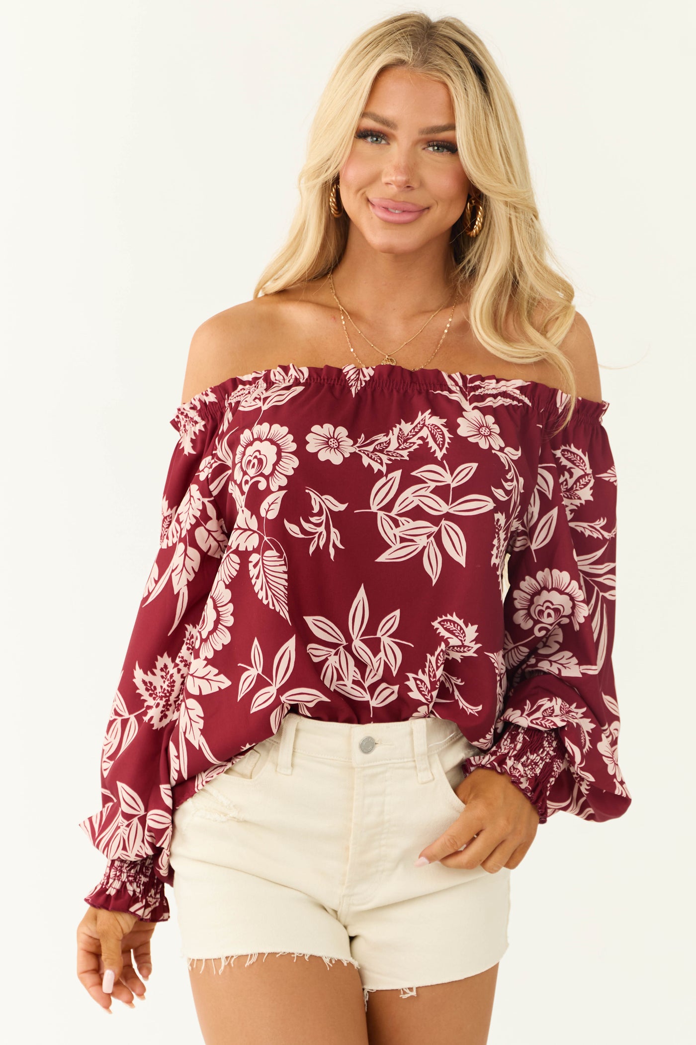 Maroon Off the Shoulder Floral Print Blouse