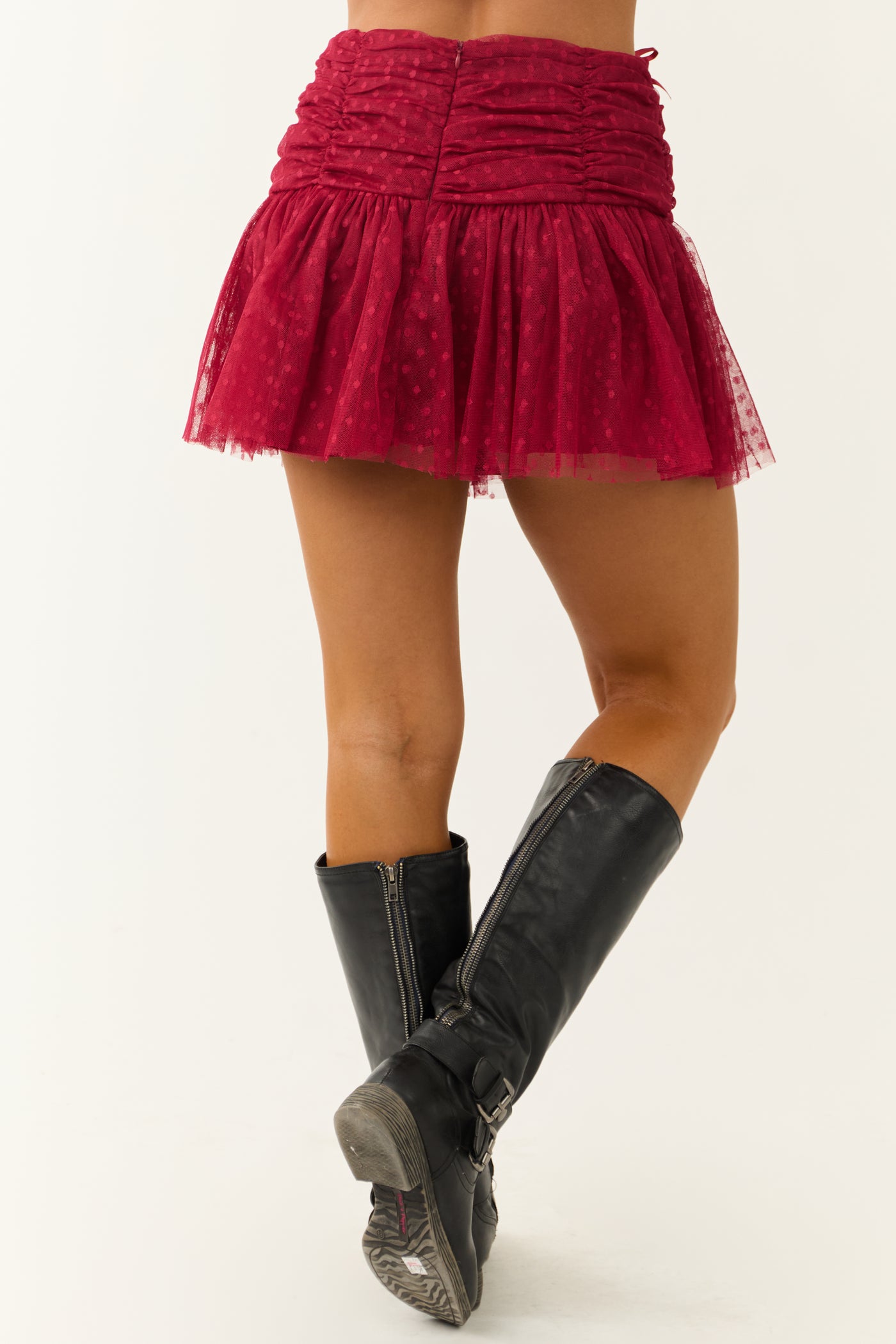 Maroon Polka Dot Textured Bow Detail Mini Skirt