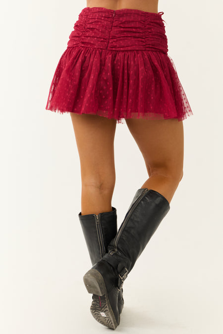 Maroon Polka Dot Textured Bow Detail Mini Skirt