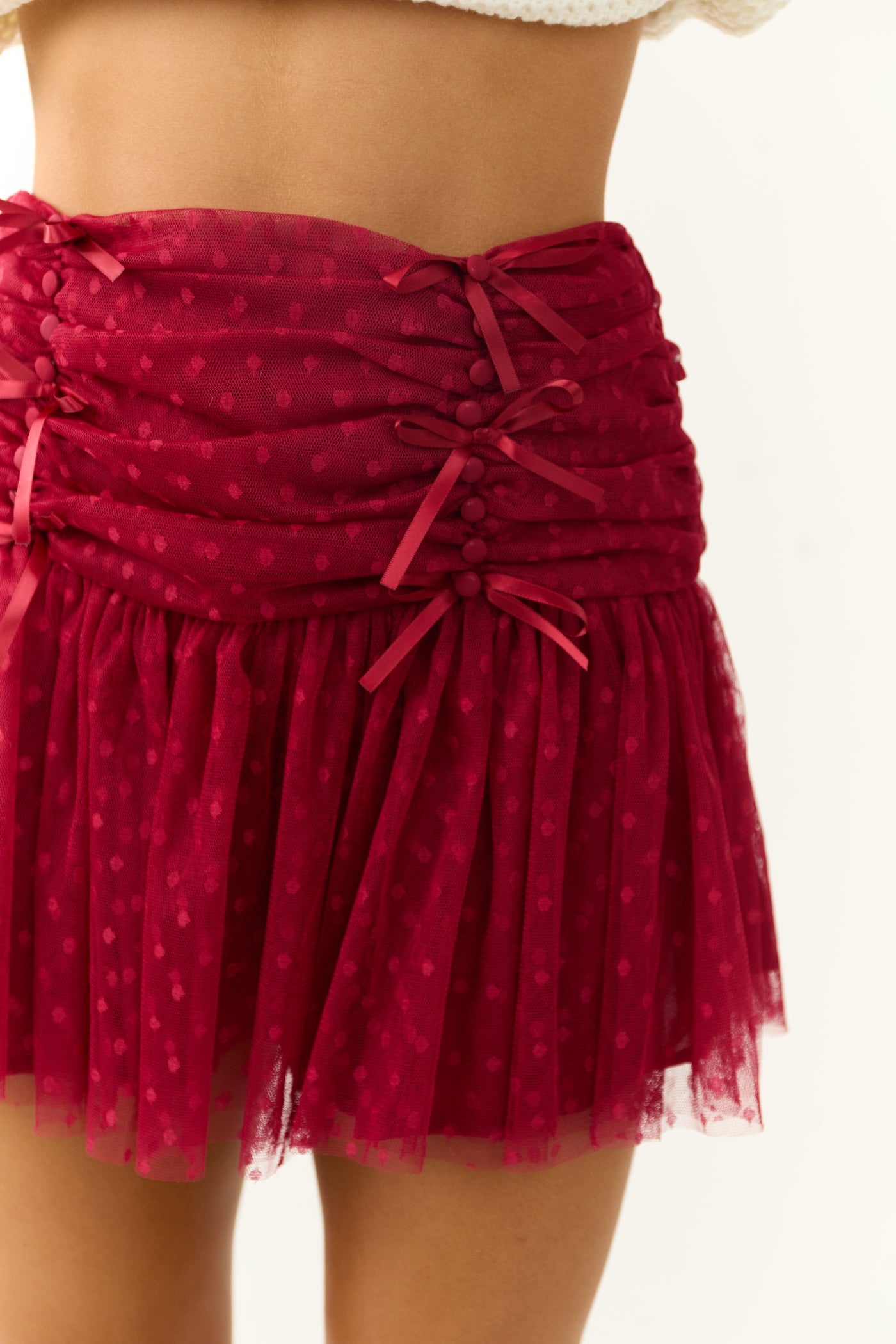 Maroon Polka Dot Textured Bow Detail Mini Skirt