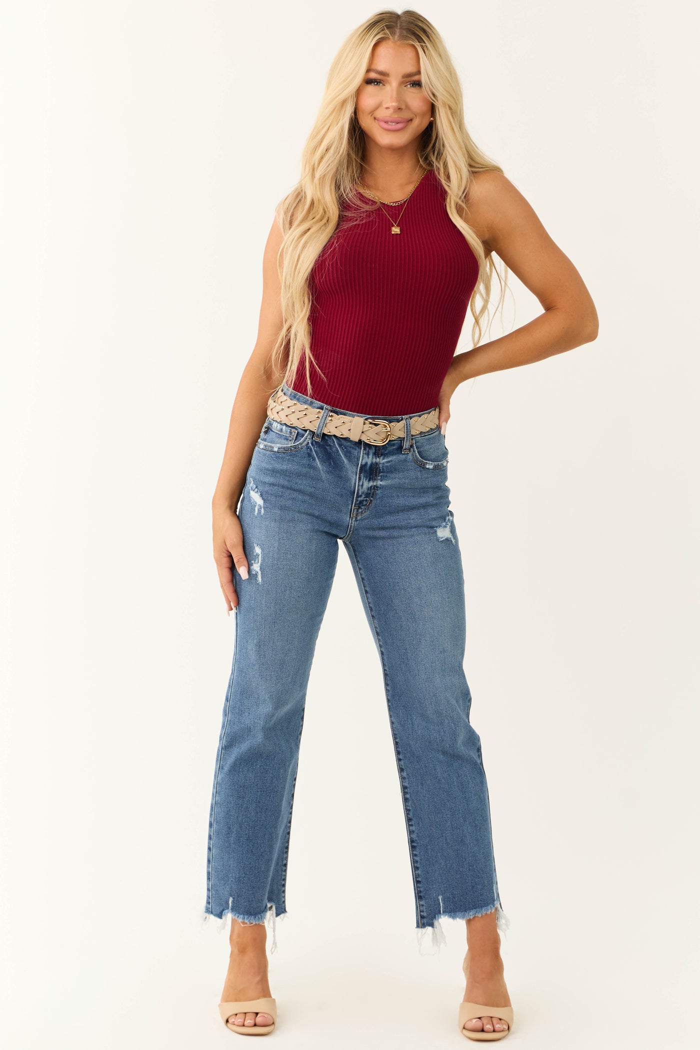 Maroon Ribbed Knit Fitted Sleeveless Top