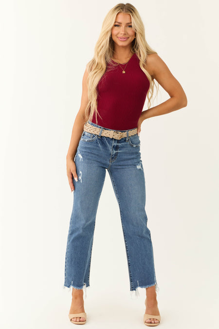 Maroon Ribbed Knit Fitted Sleeveless Top