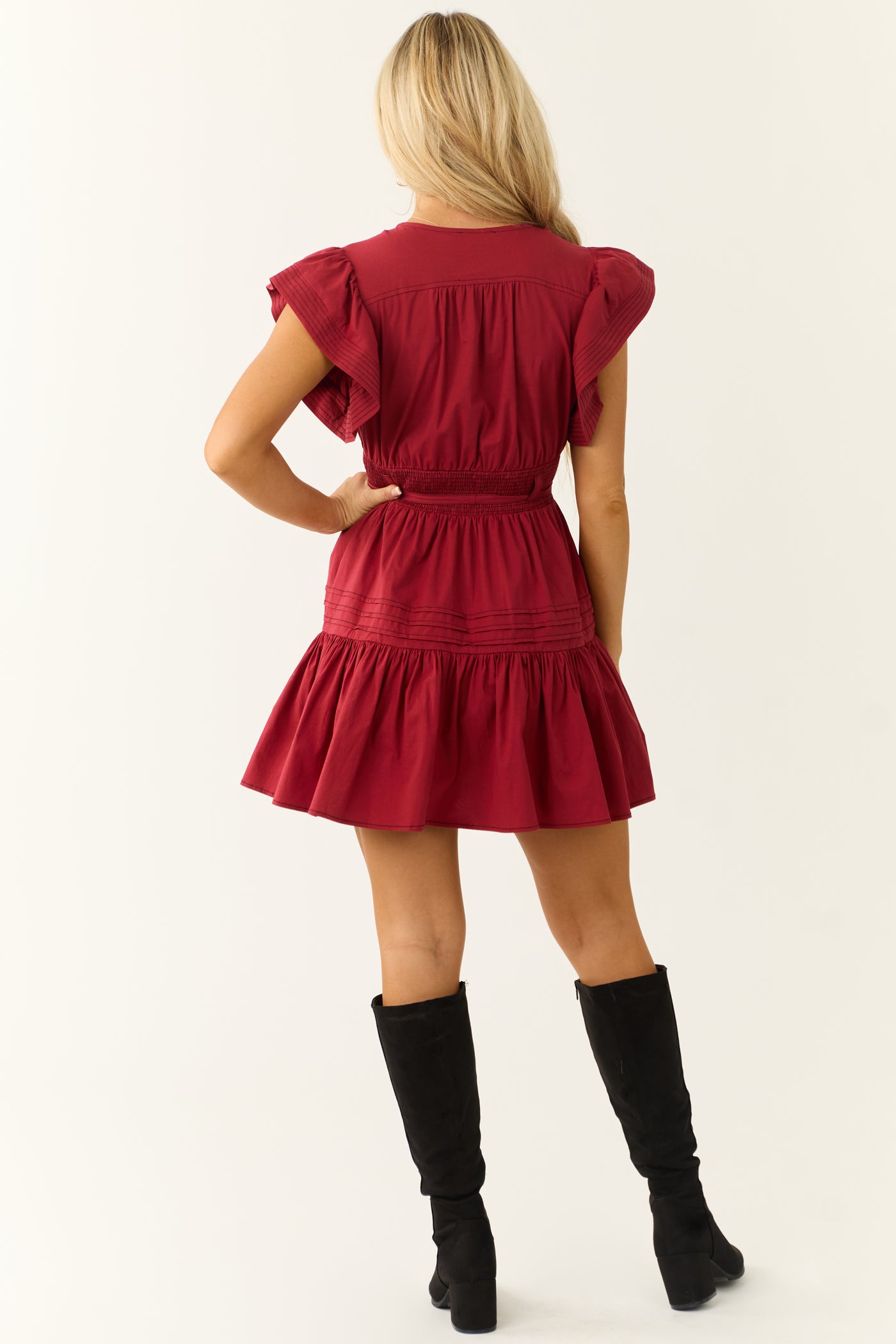 Maroon Ruffle Short Sleeve V Neck Mini Dress