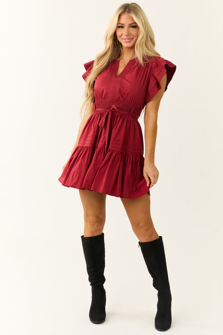 Maroon Ruffle Short Sleeve V Neck Mini Dress