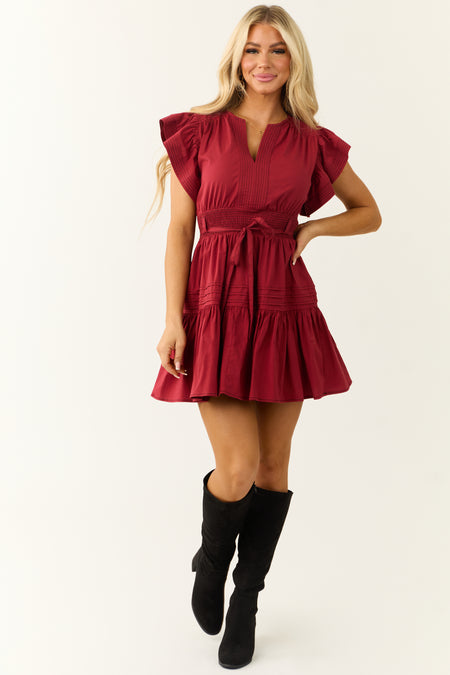 Maroon Ruffle Short Sleeve V Neck Mini Dress