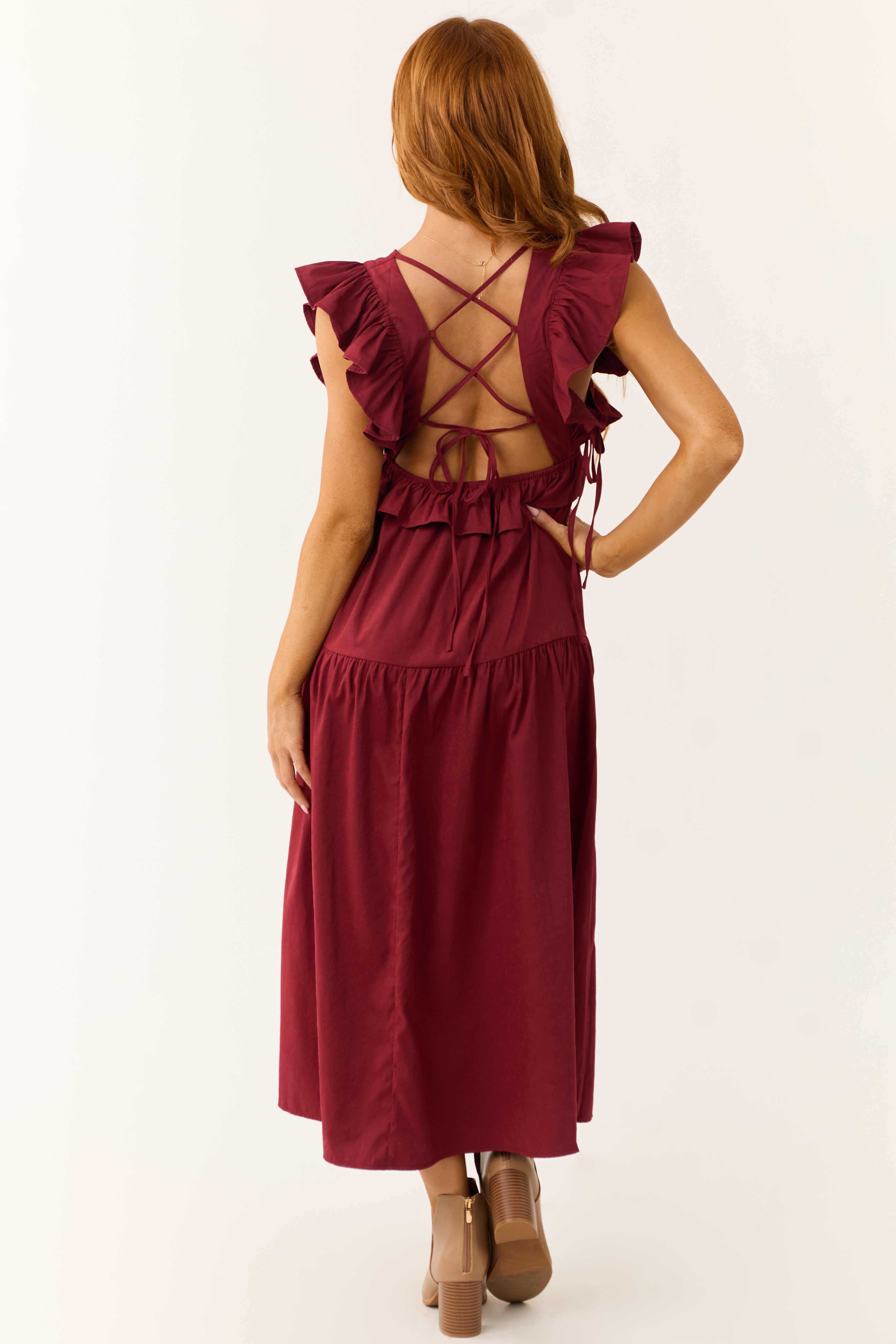 Maroon Ruffle Sleeve Midi Dress with Back Tie