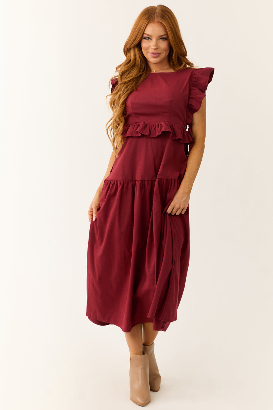 Maroon Ruffle Sleeve Midi Dress with Back Tie