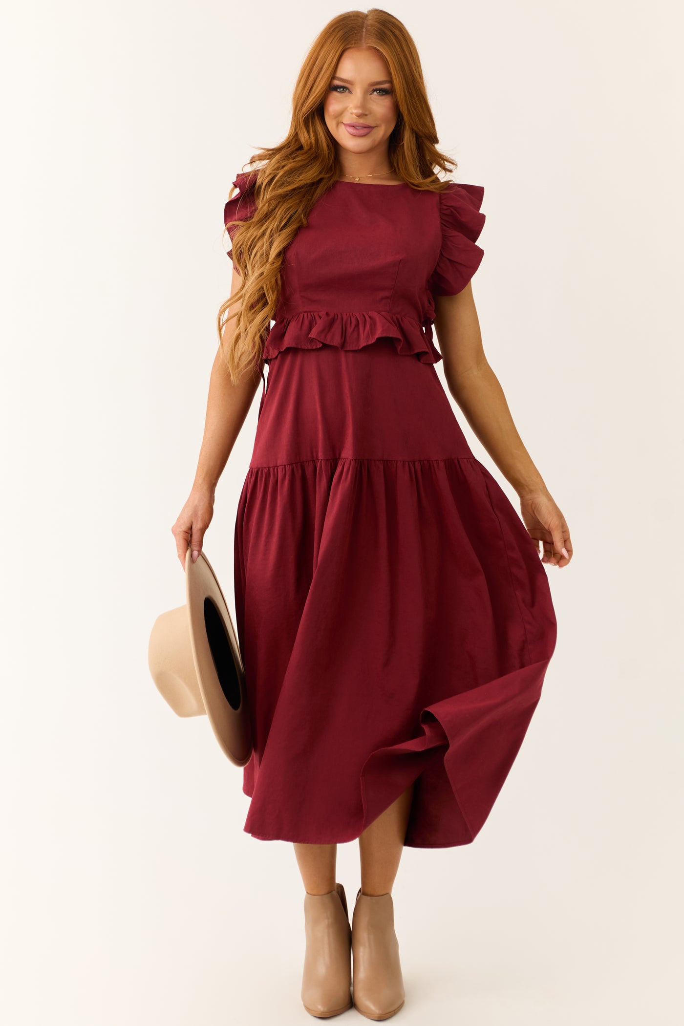 Maroon Ruffle Sleeve Midi Dress with Back Tie