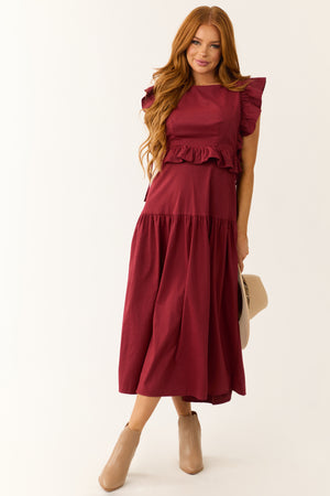 Maroon Ruffle Sleeve Midi Dress with Back Tie