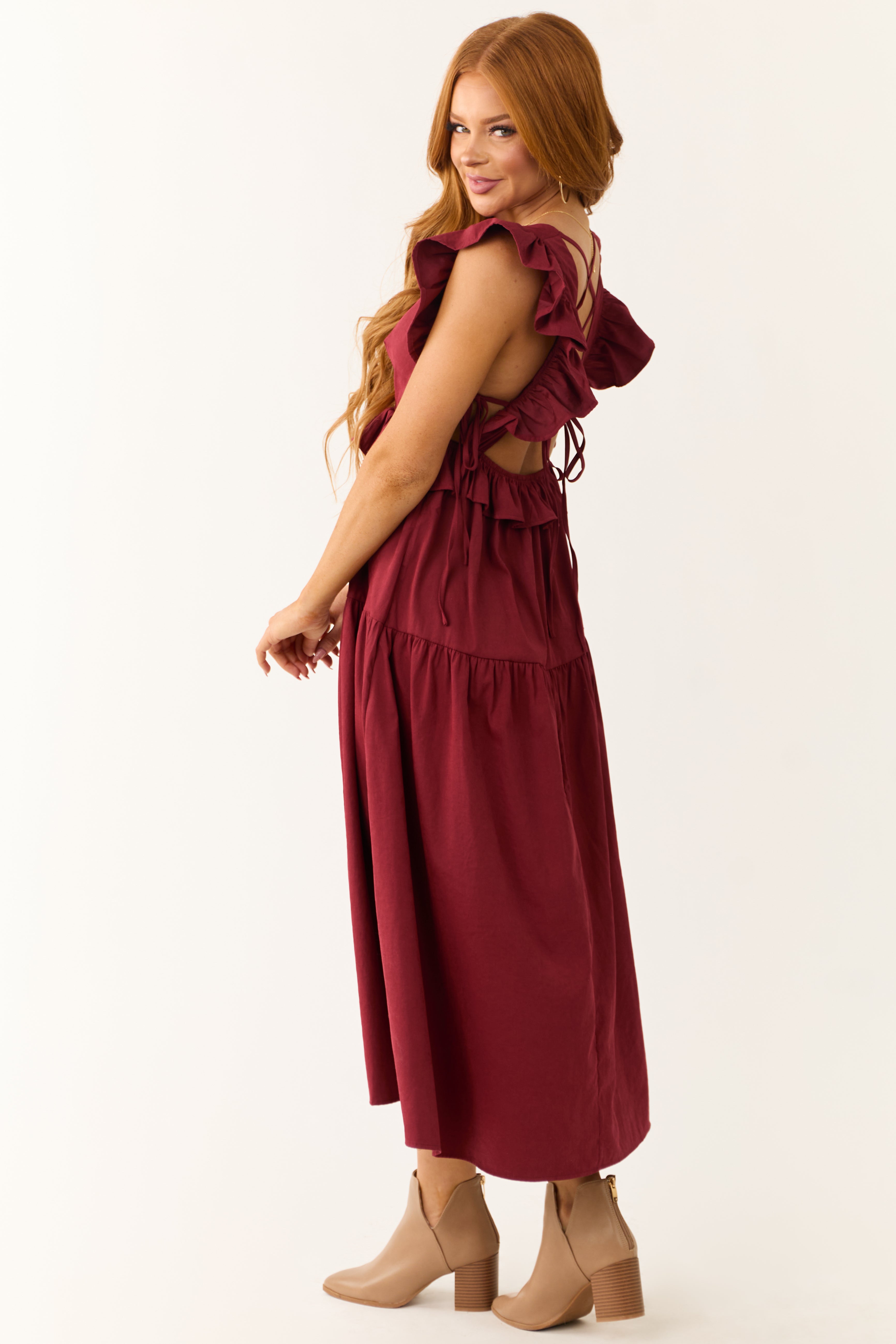 Maroon Ruffle Sleeve Midi Dress with Back Tie