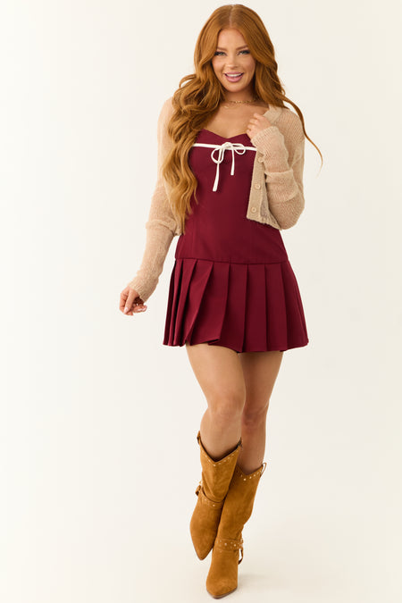 Maroon Sleeveless Pleated Skirt Mini Dress