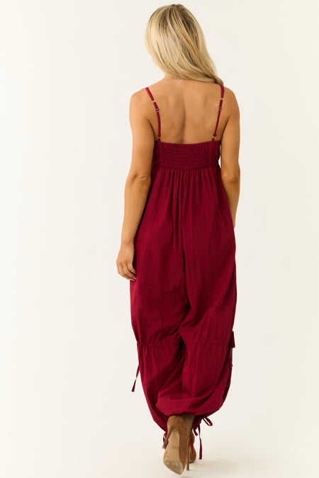 Maroon Sleeveless Zip Up Drawstring Jumpsuit