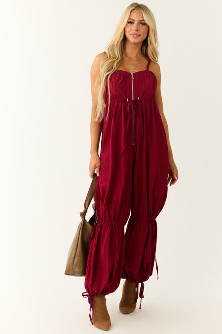 Maroon Sleeveless Zip Up Drawstring Jumpsuit