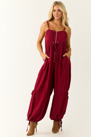 Maroon Sleeveless Zip Up Drawstring Jumpsuit