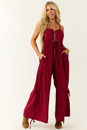 Maroon Sleeveless Zip Up Drawstring Jumpsuit