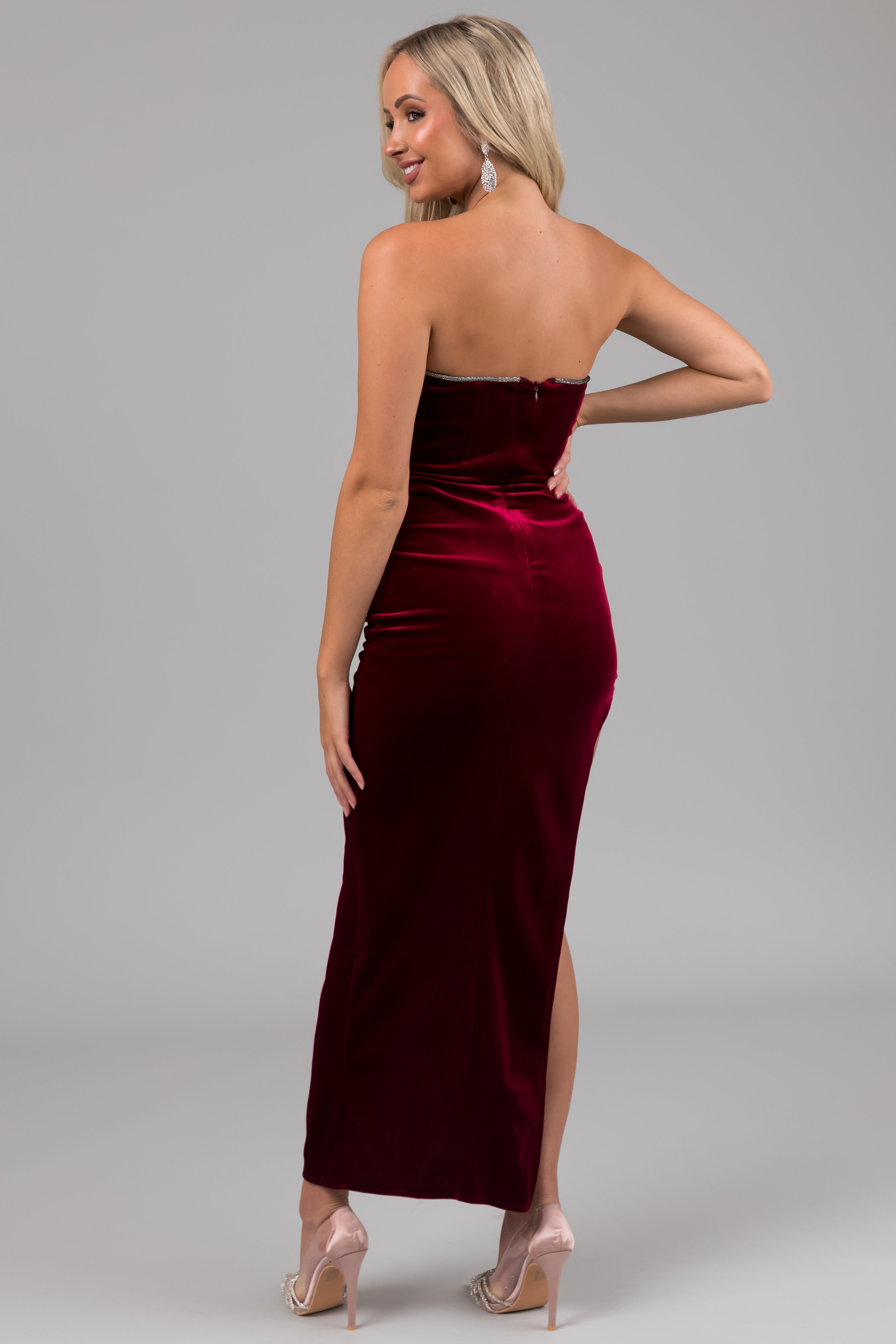 Maroon Strapless Rhinestone Detail Maxi Dress