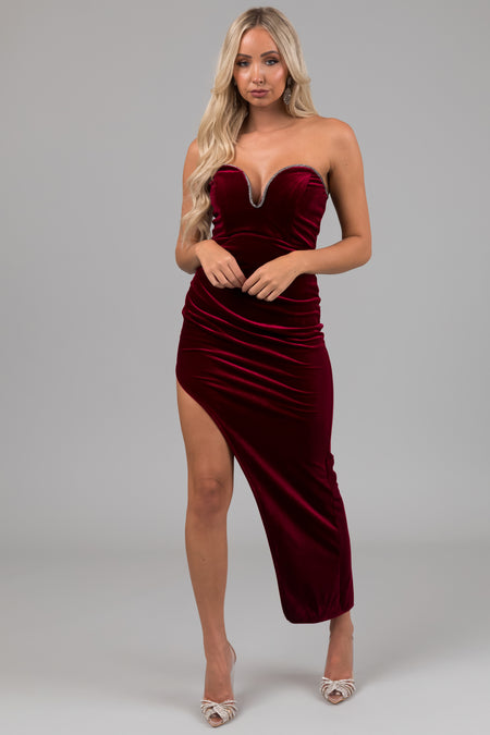 Maroon Strapless Rhinestone Detail Maxi Dress