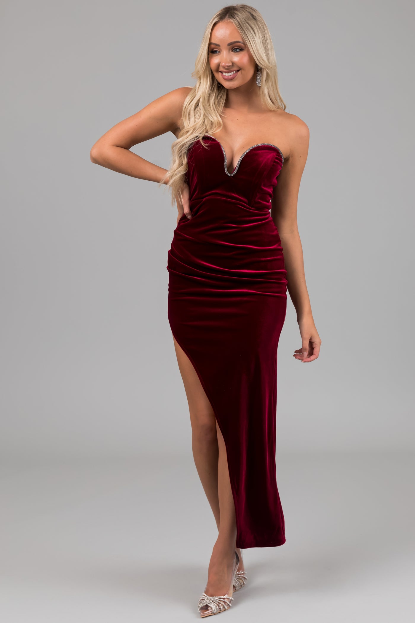 Maroon Strapless Rhinestone Detail Maxi Dress