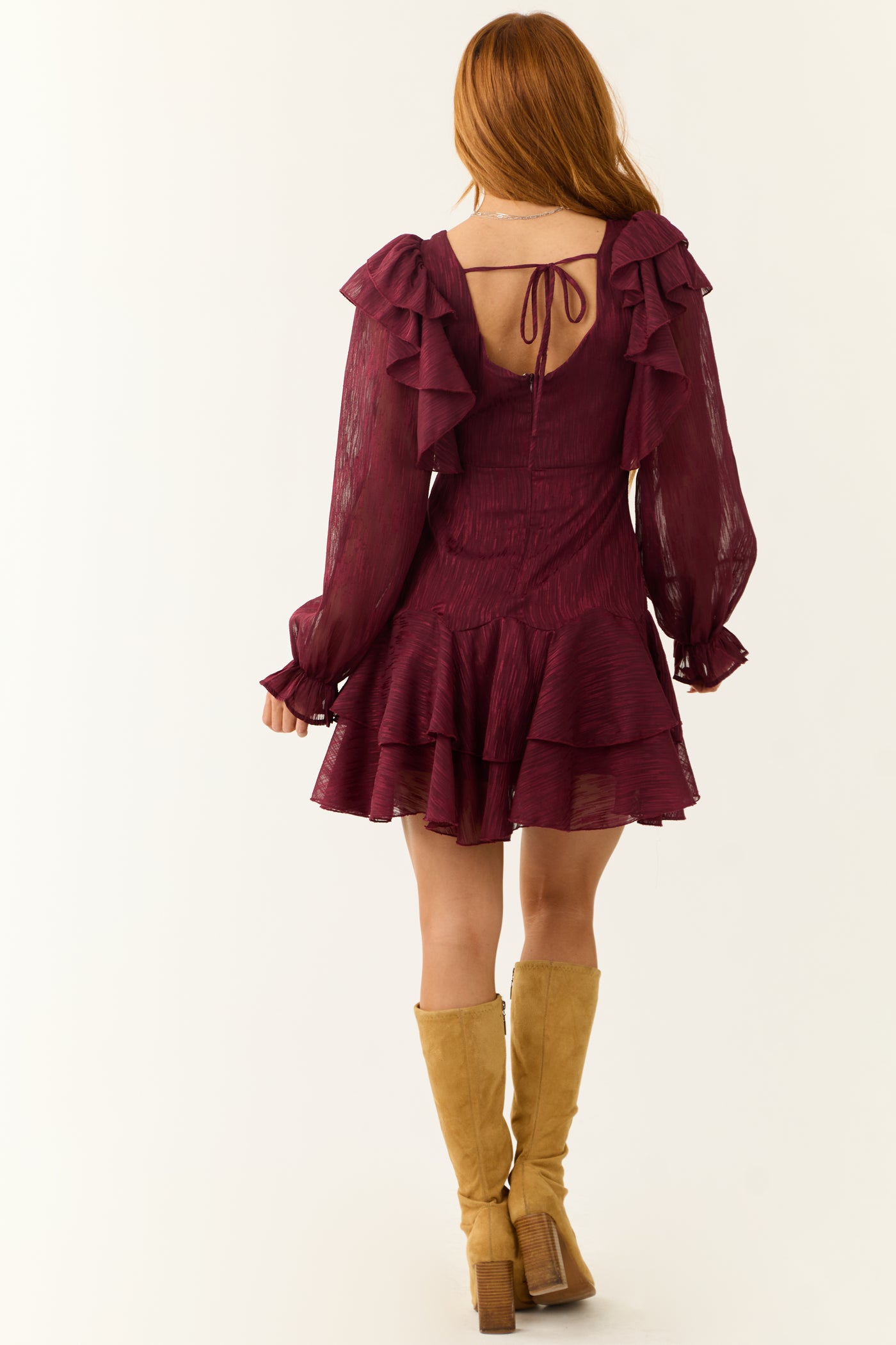 Maroon Sweetheart Neck Long Sleeve Short Dress