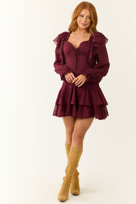 Maroon Sweetheart Neck Long Sleeve Short Dress