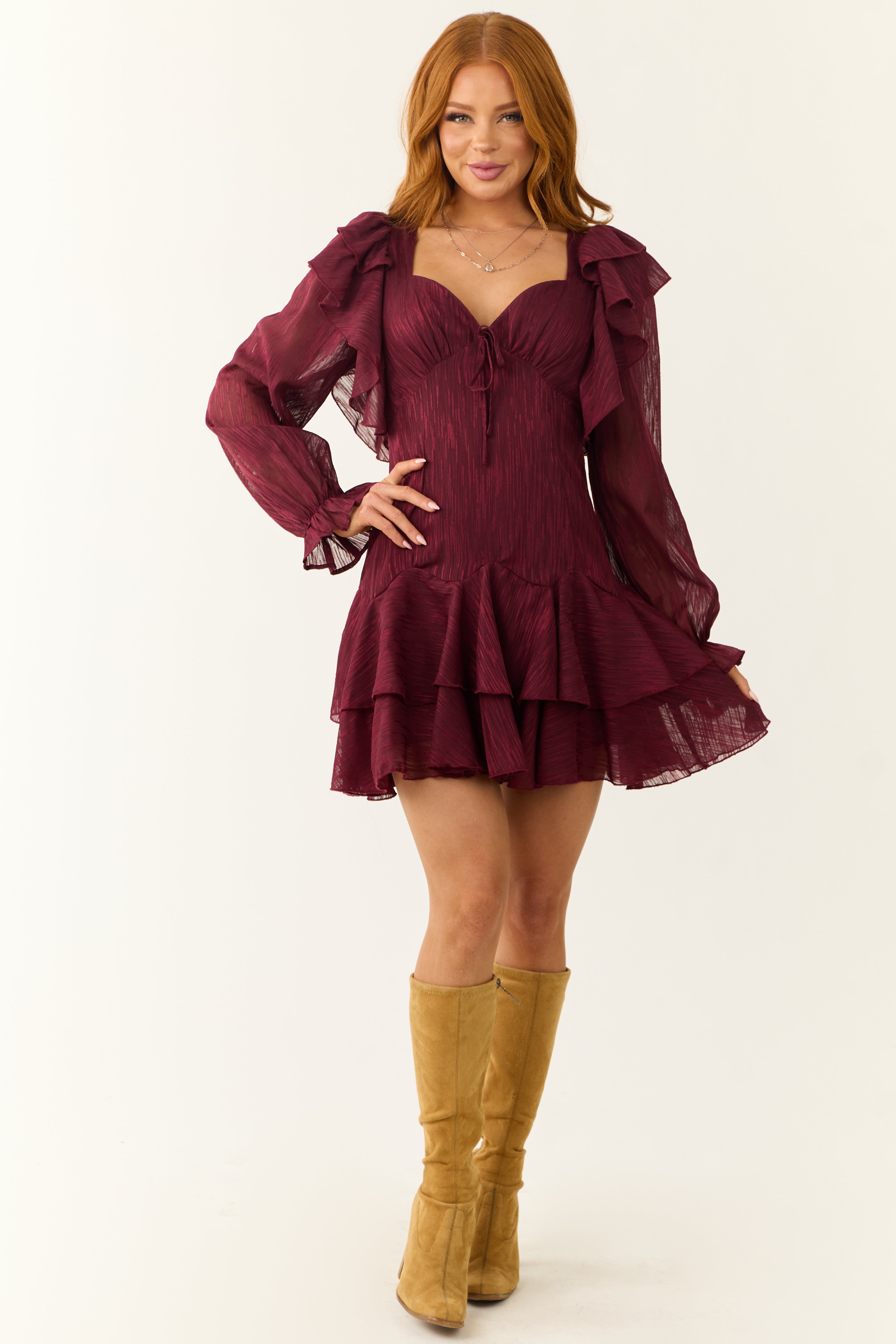 Maroon Sweetheart Neck Long Sleeve Short Dress