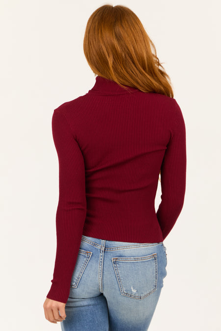 Maroon Turtleneck Ribbed Long Sleeve Top