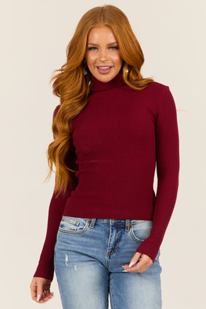 Maroon Turtleneck Ribbed Long Sleeve Top