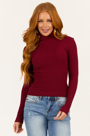 Maroon Turtleneck Ribbed Long Sleeve Top