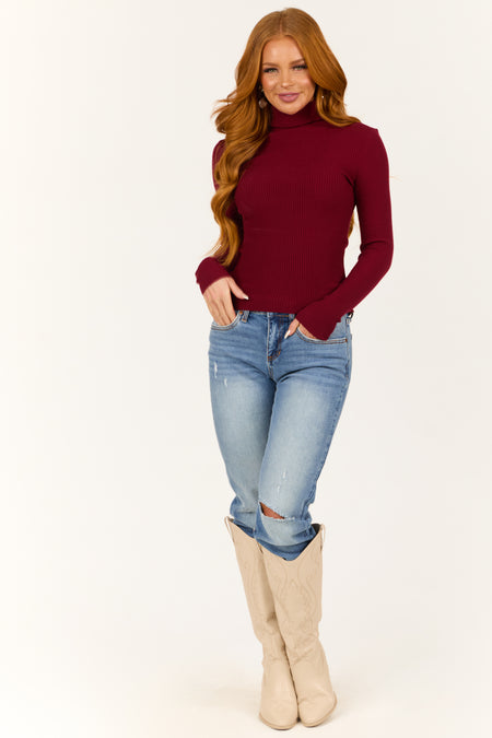 Maroon Turtleneck Ribbed Long Sleeve Top